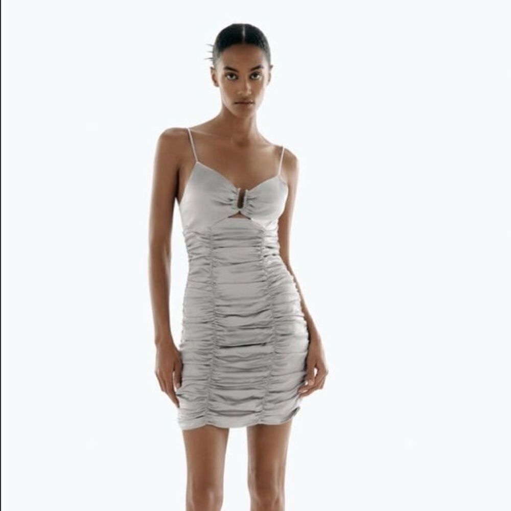 Zara Satin Effect Draped Mini Dress Silver